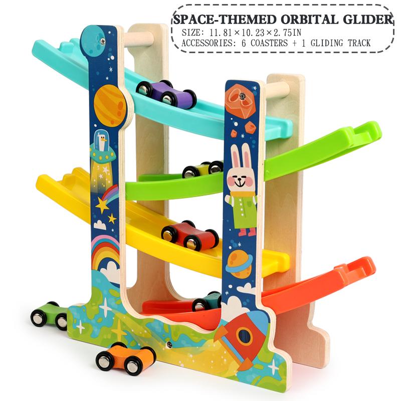 Montessori Multicolor 4-Track Car Ramp Toy with 6 Mini Cars Christmas Gift Party Presents Toddlers Wooden Fine Motor Puzzle Toy