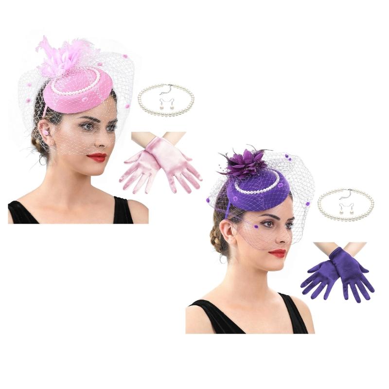 2025 Derby Hat For Women Feather Fascinator Hat and Necklace Earring Lace Short Gloves Set For Teas Party Church Wedding