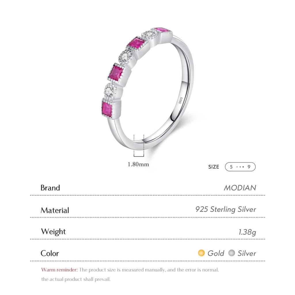 MODIAN 925 Silver Vintage Charm Square Red & Blue Cubic Zirconia Stackable Finger Ring For Women Party Fine Jewelry