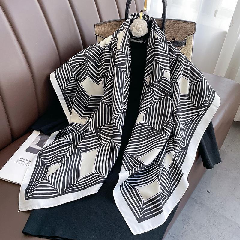 Luxury 90*90cm Square Women Silk Scarf Abstract Striped Print Design Hijabs Female Neckerchief Scarves Wrap Headband Bandana