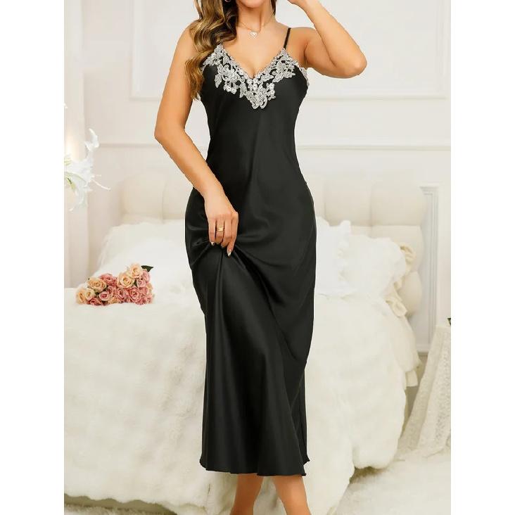 

Нова жіноча піжама з мереживом, сексуальний V-подібний виріз, довга нічна сорочка, піжама для дому S чорний