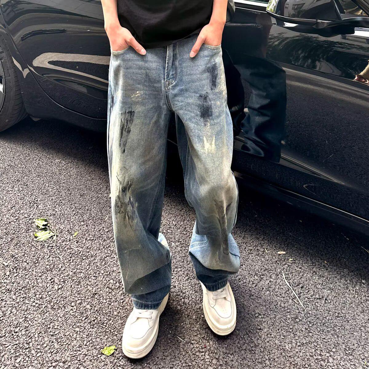Men s Distressed Tie-Dye Denim Pants: Trendy European & American Style, High-Street Design, Rebellious & Handsome, Spring/Autumn, Straight Wide Leg. L