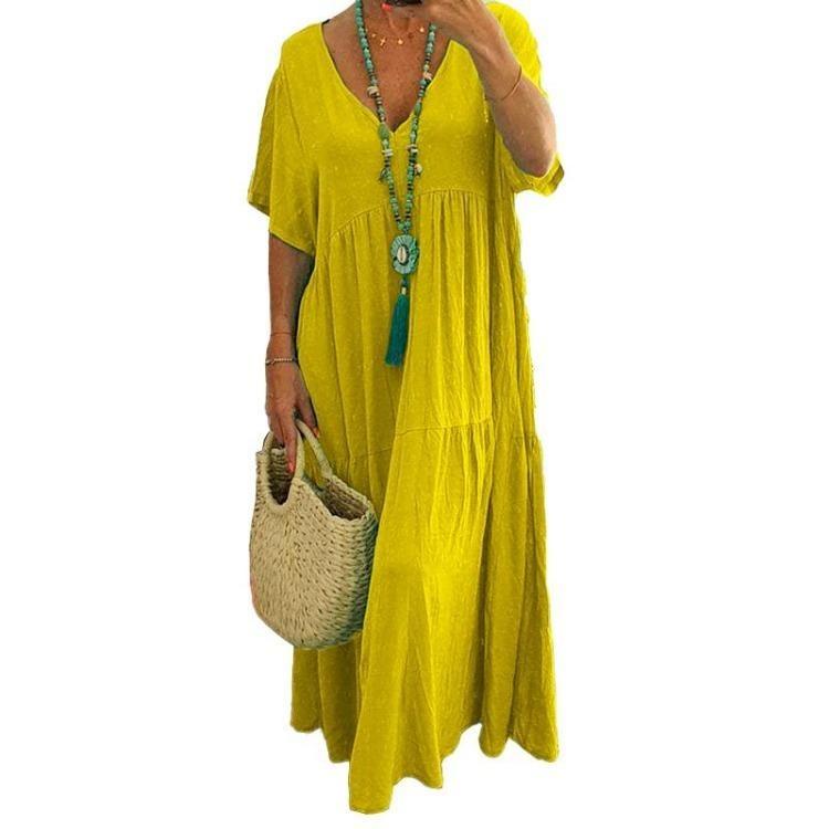 Solid Color V Neck Casual Long Dress Women Simple Style Cotton Baggy 1Pc