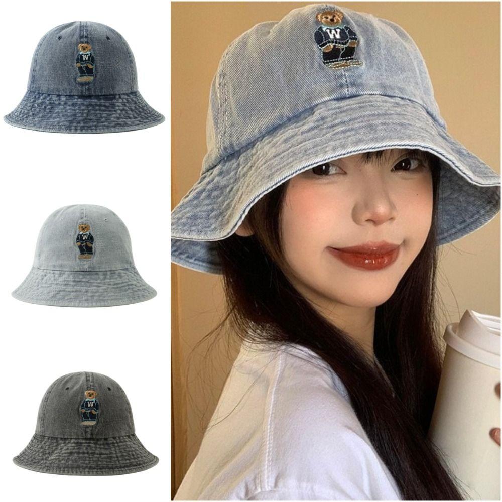 Bear Embroidery Print Vintage Washed Denim Hat Drawstring Adjustable Windproof Fisherman Hat Sunscreen Wide Brim Casual Sun Hat