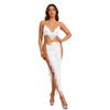Womens Fringed Dance Outfit Halter Top Lace Up Gold Trim Crop Top Irregular Hem Slit Tiered Skirt