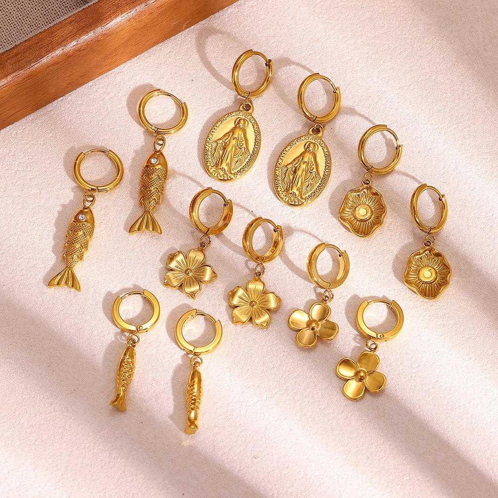Cute Hoop Earrings Women's Party Geometric Heart Small Fish Gold Color Hanging Hoops Stainless Steel Jewelry Flower Earring Gift