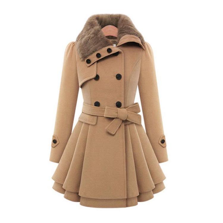 Women's Plus Size Wool Coat Medium Length Double Breasted Slim Fit Fur Collar Fashion Windbreaker Outerwear