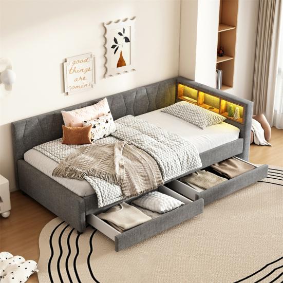 Upholstered Bed Extendable Sofa Bed 90x200cm with Slatted Frame, Multifunctional Bed Made of Skin-Friendly Velvet Fabric