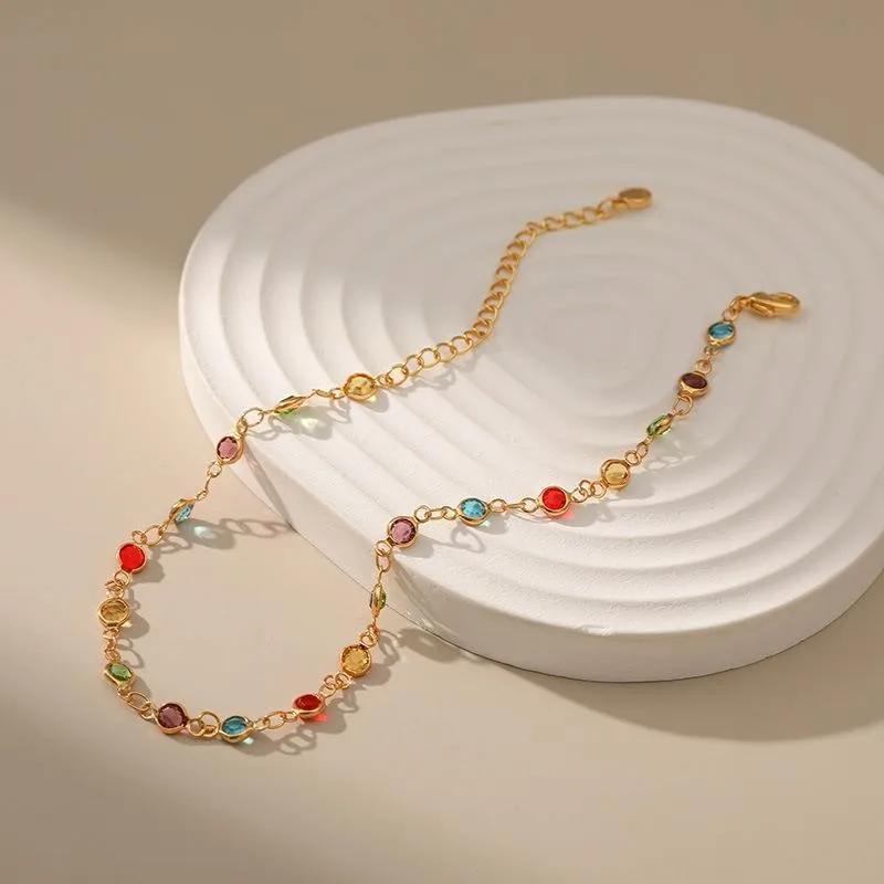 Boho Fashion Simple Rainbow Rhinestone Anklet for Women Summer Beach Beads Foot Chain Vocation Jewelry Gifts Accessories