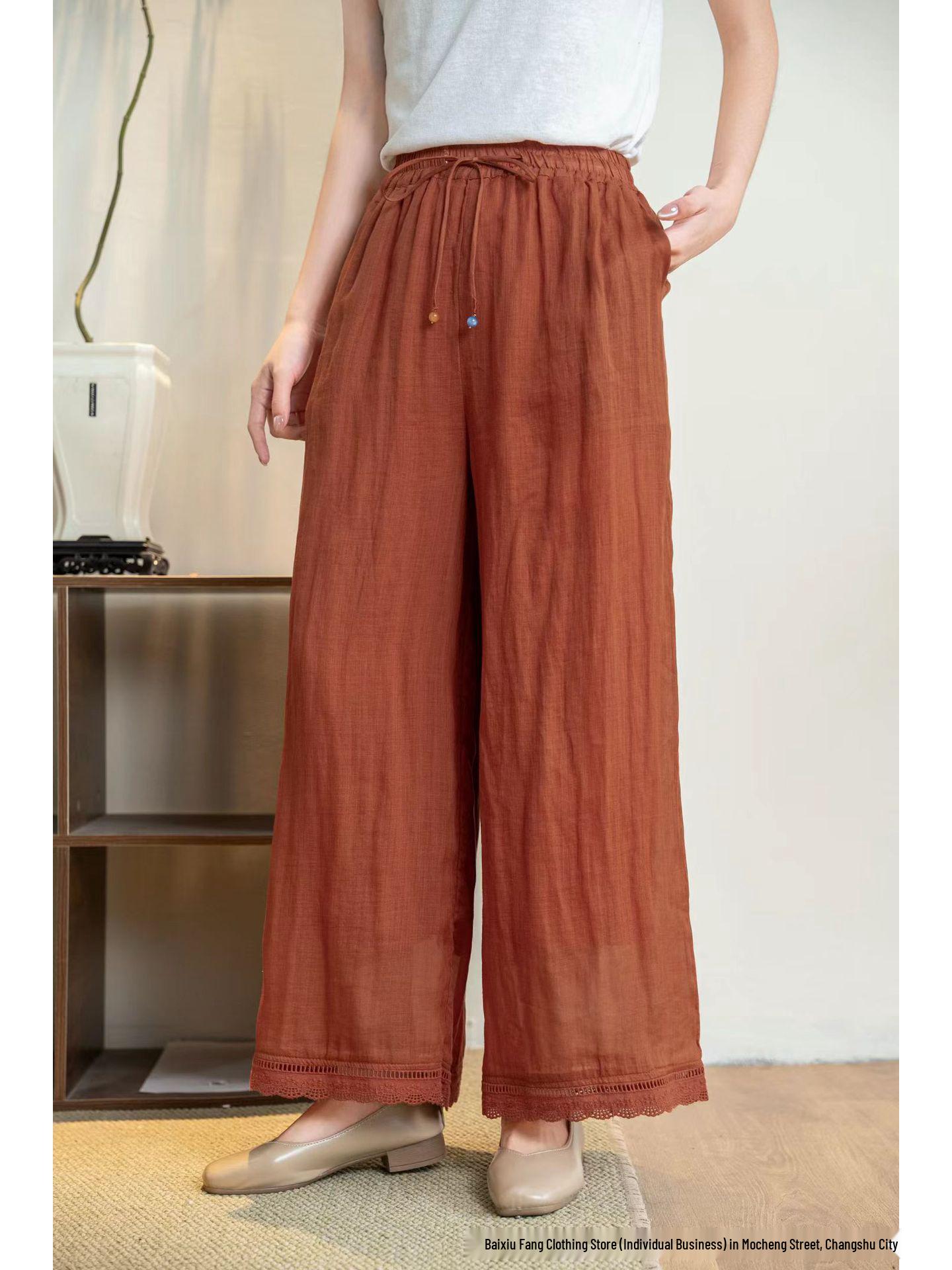 2026 Summer Women s Double-Layered Linen Wide-Leg Trousers with Lace Tie-Up One Size