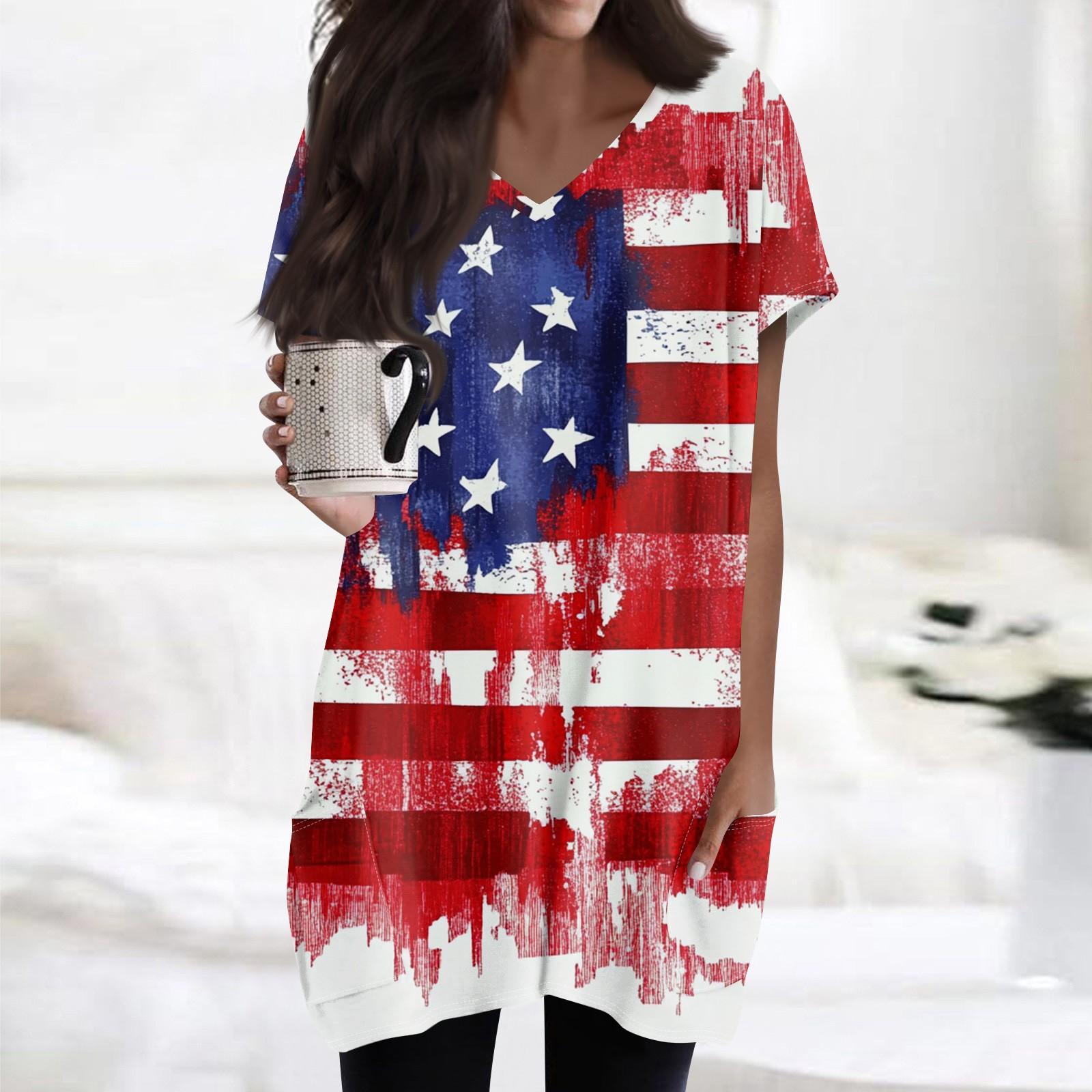 

Женские топы с V-образным вырезом, блузки с коротким рукавом, повседневные рубашки средней длины, модные туники с принтом «День независимости» и карманами L