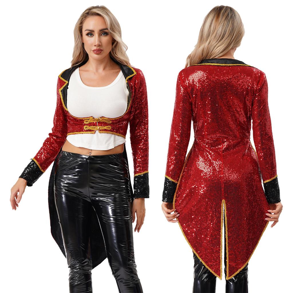 Womens Shiny Sequins Gold Webbing Ringmaster Circus Tailcoat Outwear
