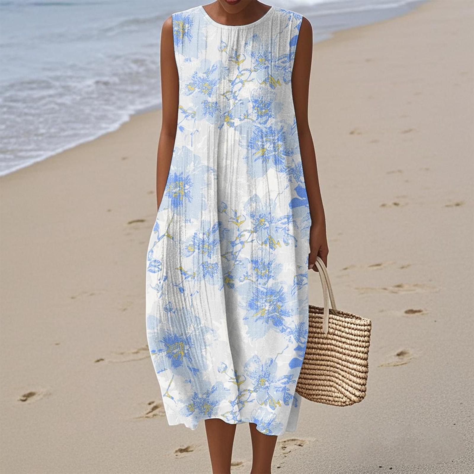 

Женское модное повседневное платье без рукавов с круглым вырезом и цветочным принтом, элегантное, темпераментное XL небесно-голубой