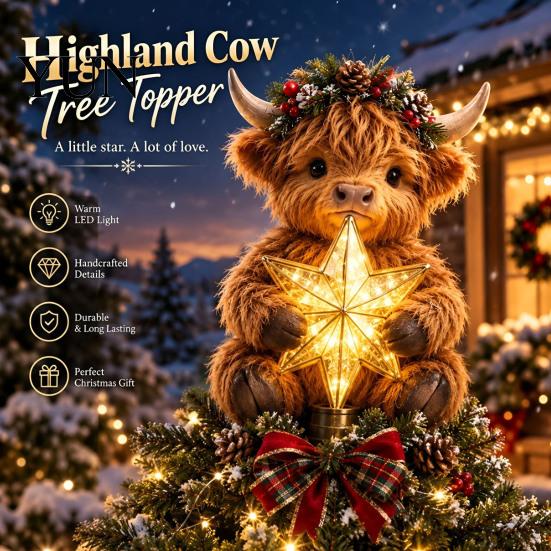 Handgefertigter Stil Baumakzente Hochlandkuh Leuchtender Stern Topper, Beleuchtete Weihnachtsdekoration mit Charmantem Geschenk für Warmes LED, Batteriebetrieben