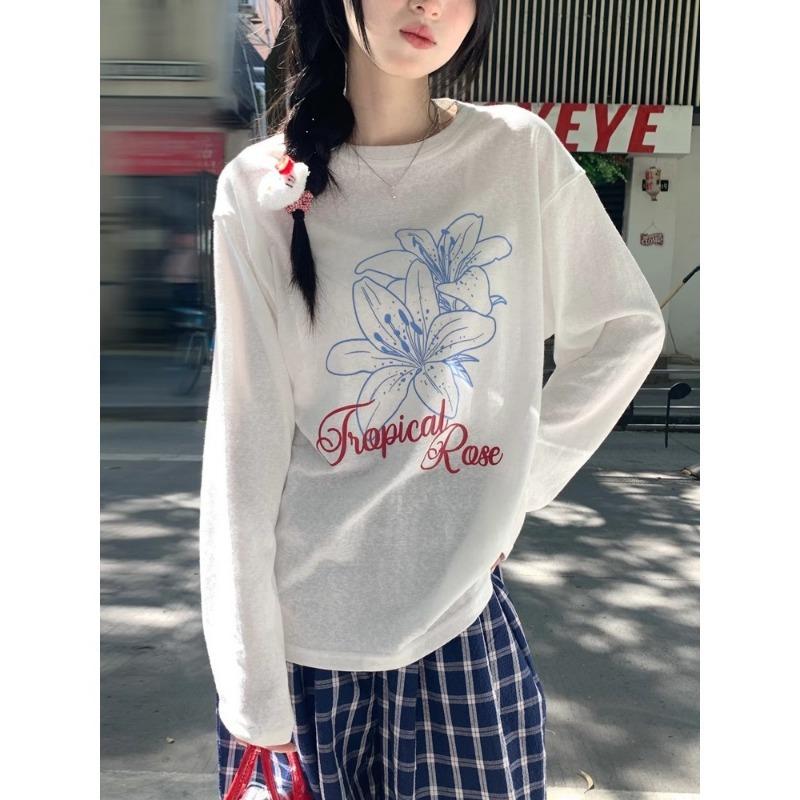 Women Casual Loose Long Sleeve Round Neck Floral Print Sun Protection T Shirt Top