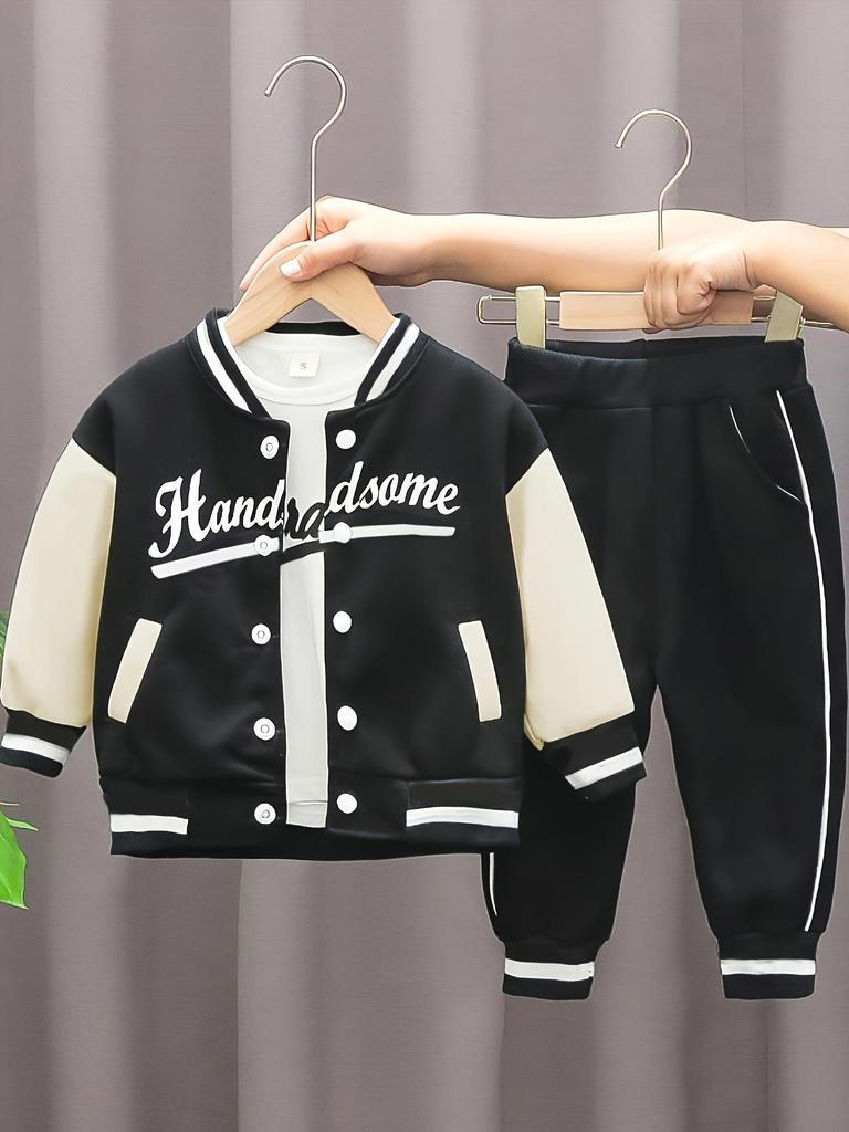 Spring Boys' New Baseball Uniform Long Sleeve Three-Piece Set - English Letter Design, Zipper, Casual for Infant & Toddler