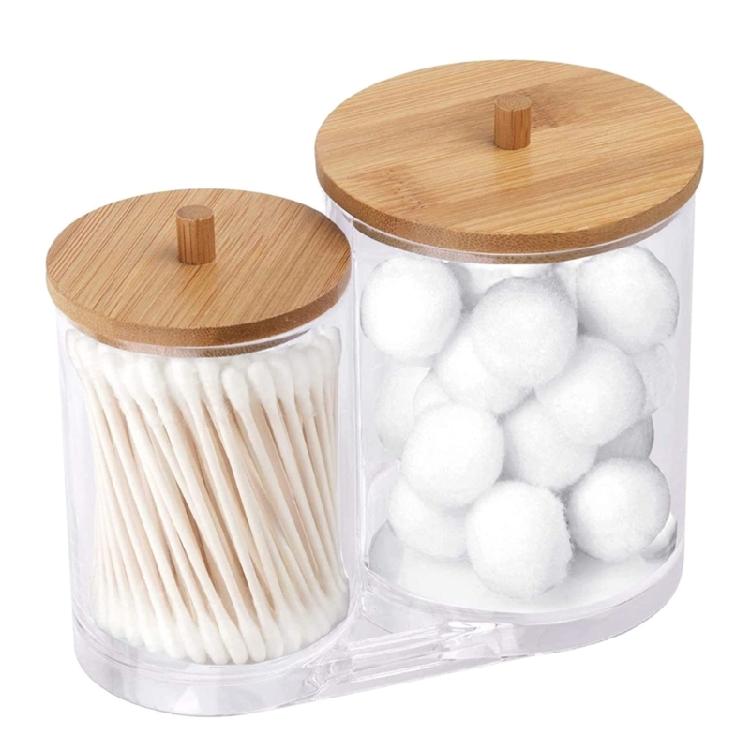 Qtip Holder Dispenser with Bamboo Lid Cotton Ball Pads Swabs Holder Jar Bathroom