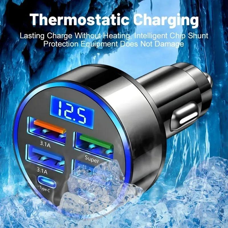 6 In 1 Car Charger Adapter Digital Display LED 4USB+2PD DC12-24V Fast Charging Cigarette Lighter Socket Multi Port for Phone