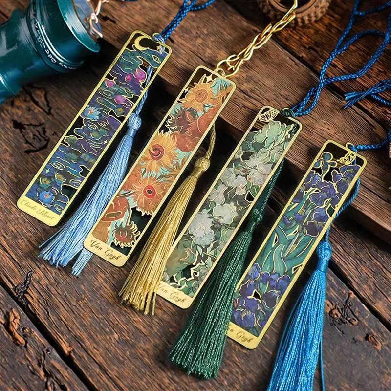 Vintage Painting Metal Bookmarks Artistic Reading Clips Retro Vintage Oil Painting Metal Bookmarks Hollow Hot Stamping Tassel