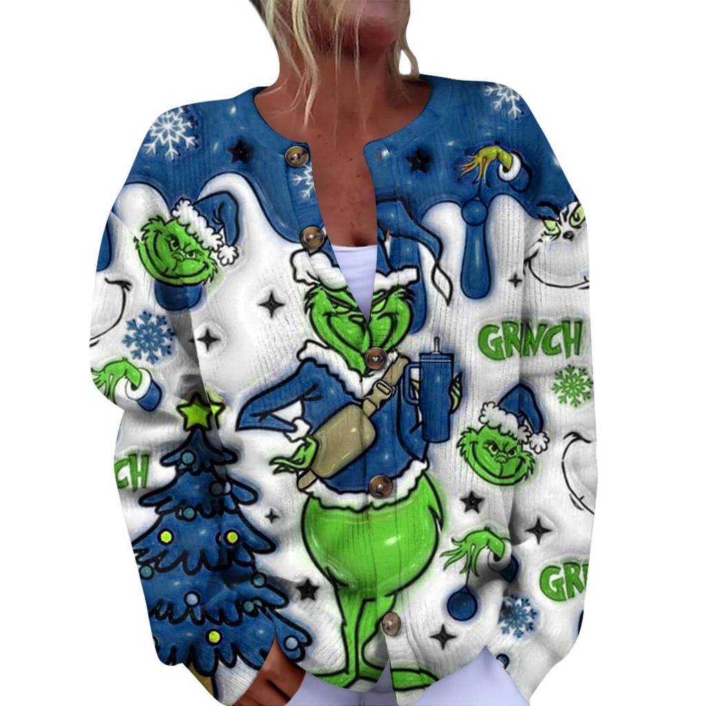 Women's Fashion Christmas Printed Long Sleeve Knitted Cardigan Button Down Jacket