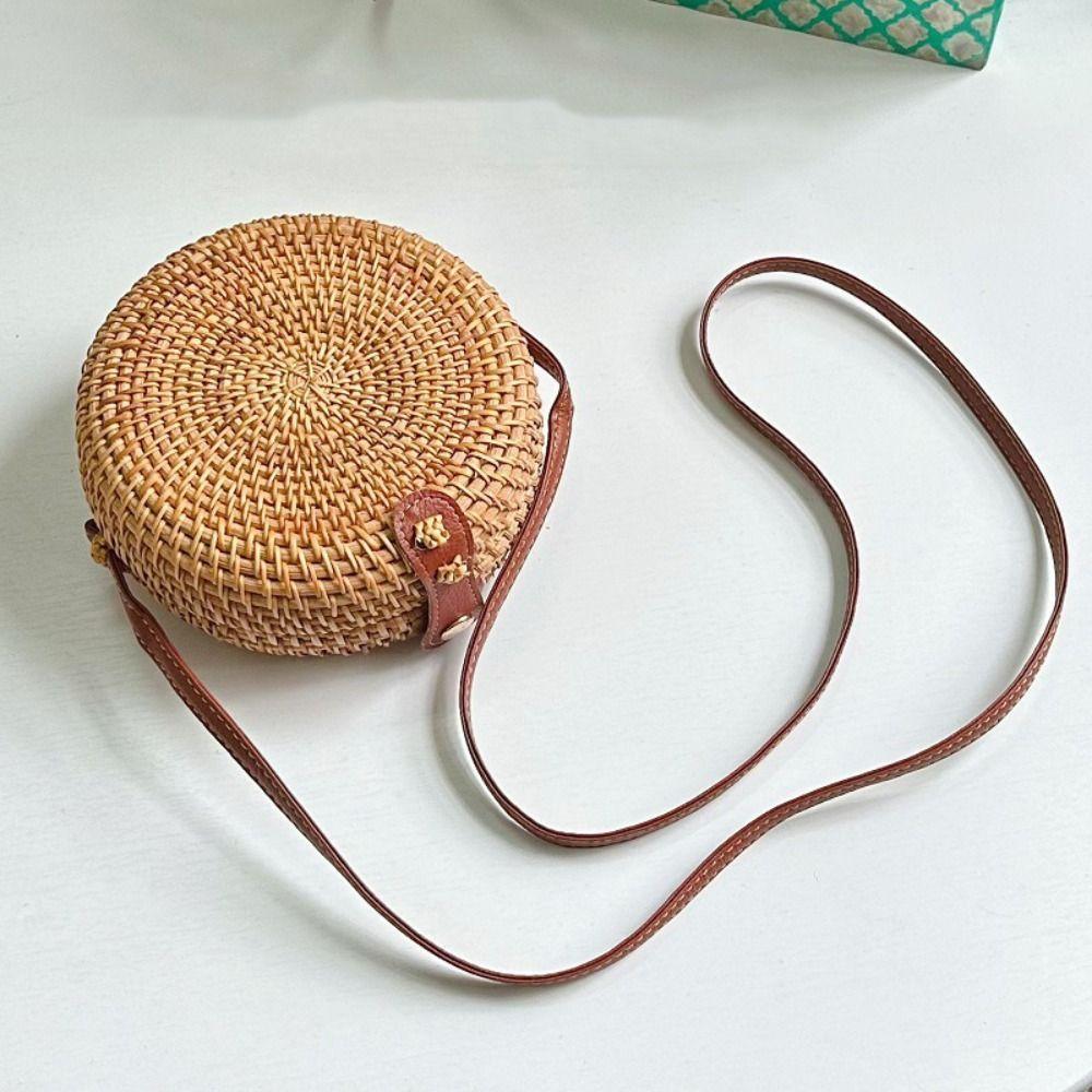 Ethnic Style Rattan Weave Bag Bohemian Round Crossbody Bag Retro Beach Bag  Picnic
