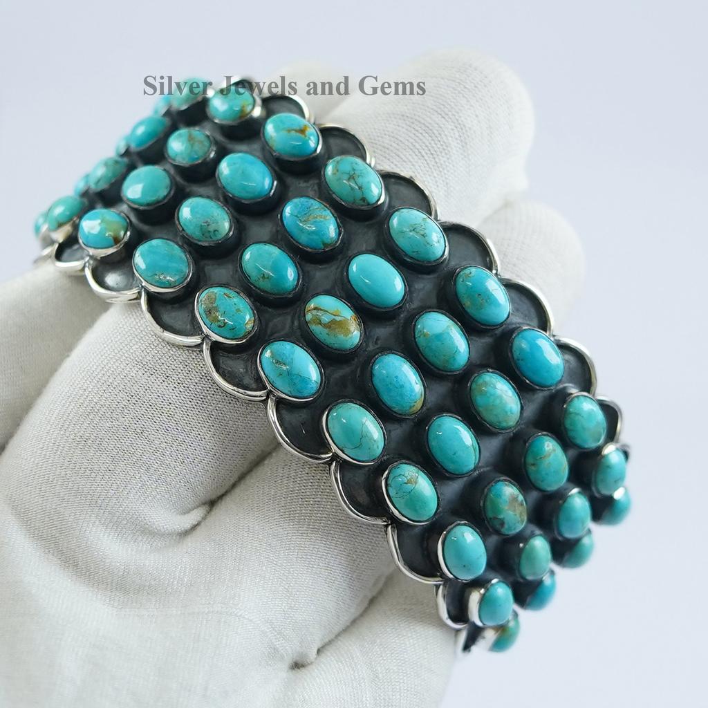Natural Arizona Turquoise Cuff Bracelet, Cluster Cuff Bangle, 925 Sterling Silver Cuff, Boho Statement Bracelet, Engagement Bracelet