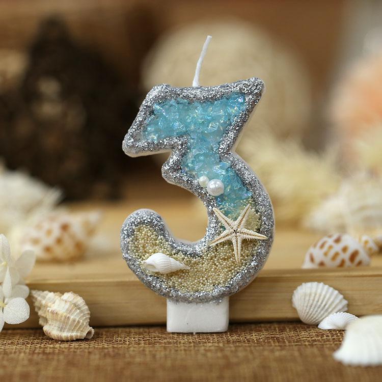 0-9 Digital Glitter Candles Summer Beach Starfish Birthday Cake Decoration Number Mermaid Ocean Themed Party Cake Decor Supplies