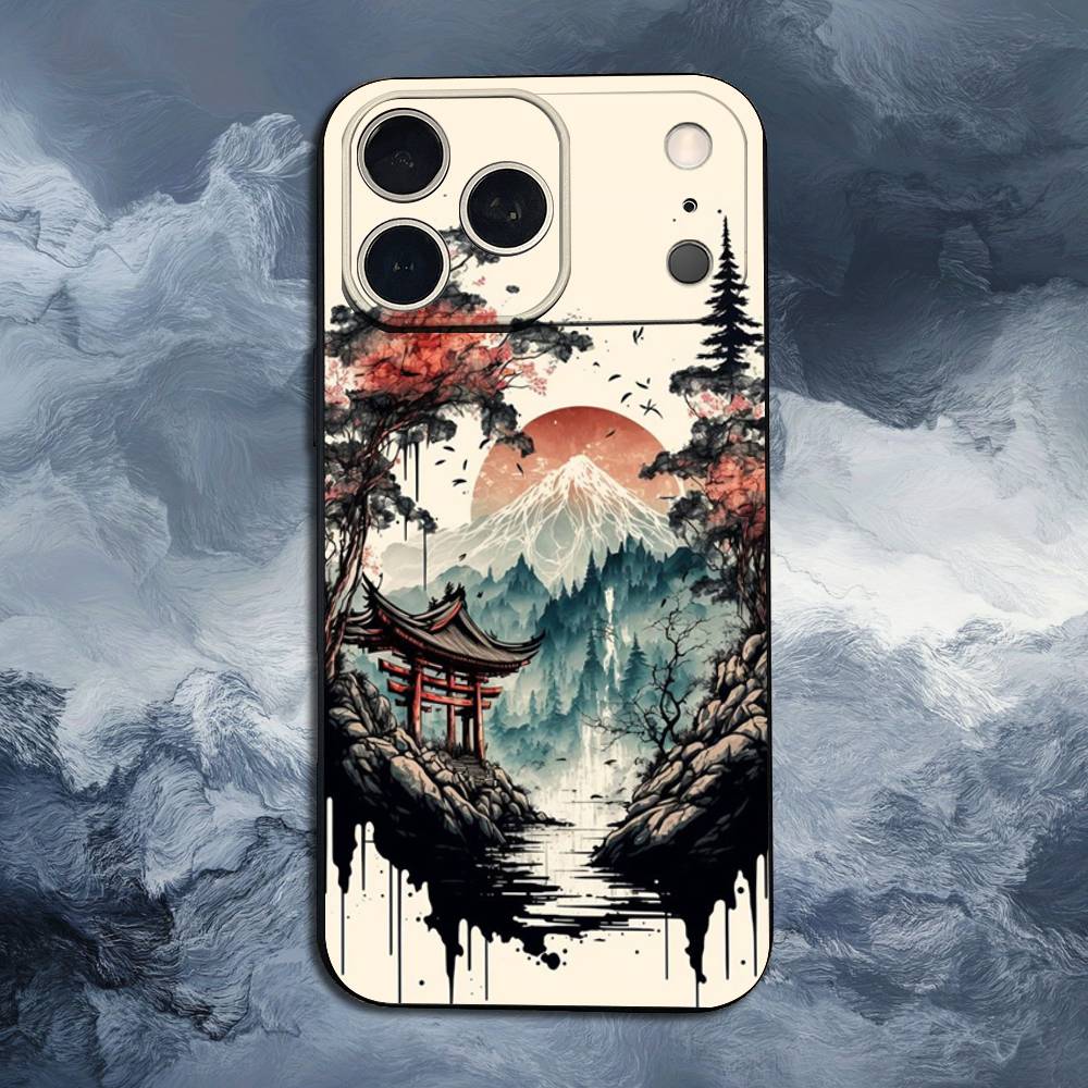 Art Japanese Style For iPhone 12,16,11,14,15,17,13,X,Mini,SE,Max,8,7,XR,XS,Plus,Pro,Soft Silicone Black Case