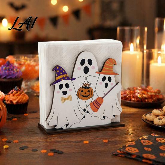 Cute Cartoon Napkin Tray Halloween Ghost Wooden Holder Paper Towel Decorative Holiday Party Dessert Table Decor Stand Freestanding Tissue Dispenser