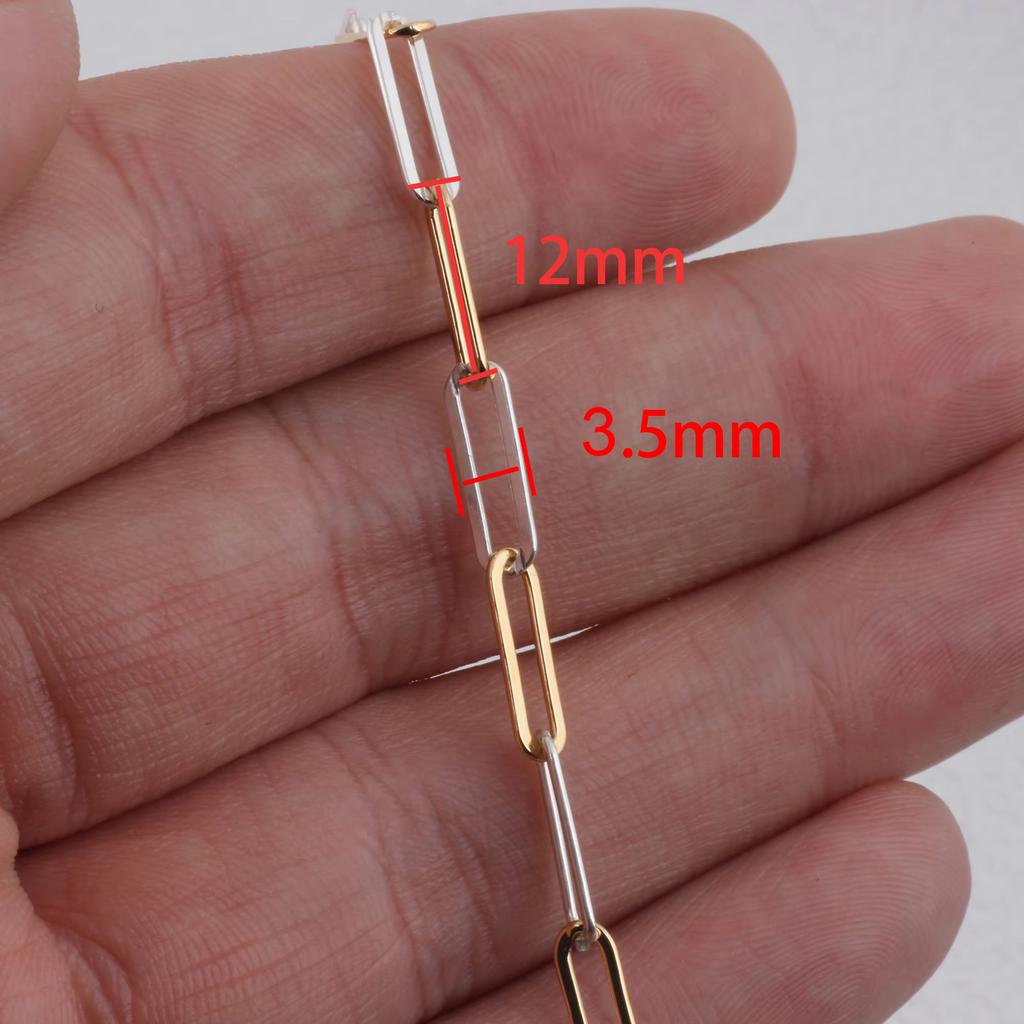Luxury Plain 14K Gold Filled + S925 Silver Flat Rectangle Link Chain Two Tone Mixed Metal Paperclip Chain Jewelry Accessories