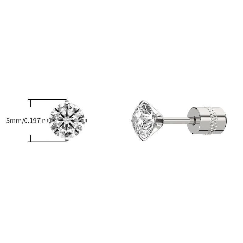 European-American Titanium Steel Round Cubic Zirconia Stud Earrings with Electroplated Inlaid Double Claw Design