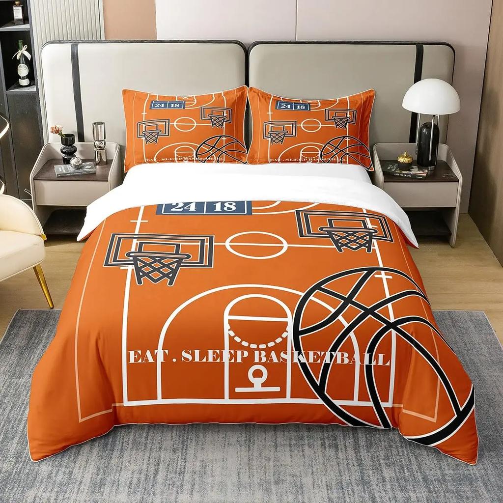 Basketball Court Print Bedding Set Queen Size,Ball Sports Games Themed Duvet Cover, Boys Game Room Decor Comforter Duvet Cover