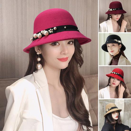 Top Hat British Style Faux Pearl Decor Down Brim Sunshading Round Top Decorate Retro Vintage Women Cloche Hat for Church