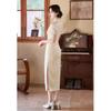 Retro style champagne short-sleeved jacquard cheongsam 1011 summer new temperament elegant improved lady fan