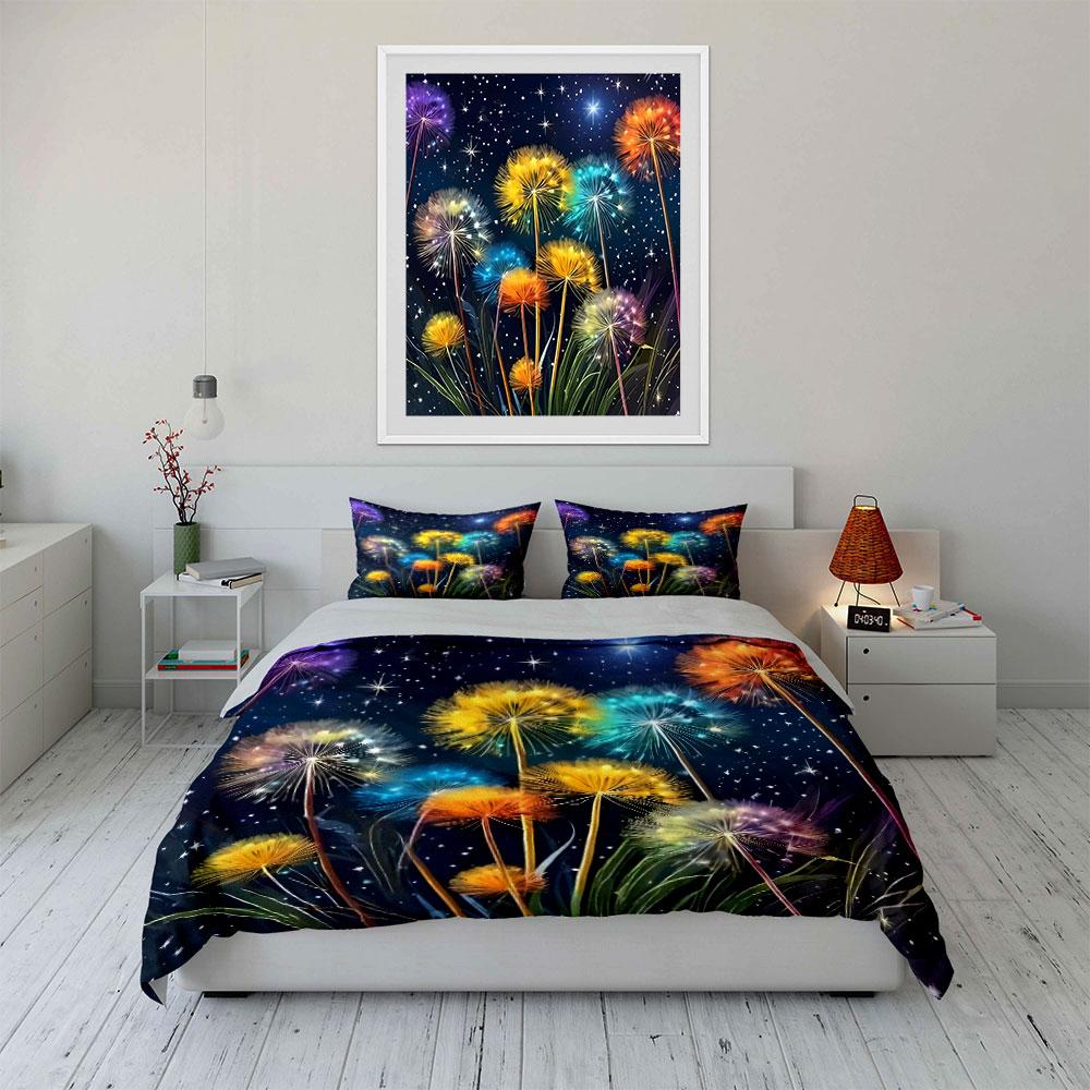 "Colorful Dandelion Starry Night Decor" Bedding Set with 1 Duvet Cover 2 Pillowcases Single Double King Queen, Gift