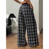 Women's Black White Plaid Wide-Leg Pants Elastic Waist Drawstring Casual Trousers