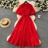 French fashion stand-up collar, lantern sleeves, straps, waist dress, women's thin temperament, shiny ruffle edge long skirt