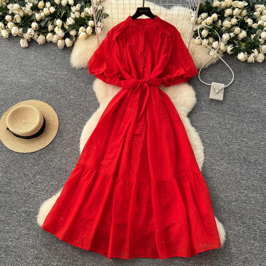 French fashion stand-up collar, lantern sleeves, straps, waist dress, women's thin temperament, shiny ruffle edge long skirt