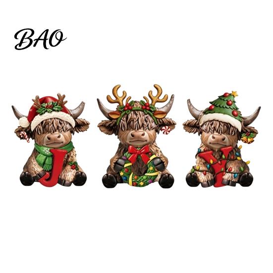 Exquisite Resin Crafts for Display 3Pcs Christmas Highland Cow Figurine, Yak Statues with JOY Letter Sign, Small Ornaments Bookshelf Farmhouse
