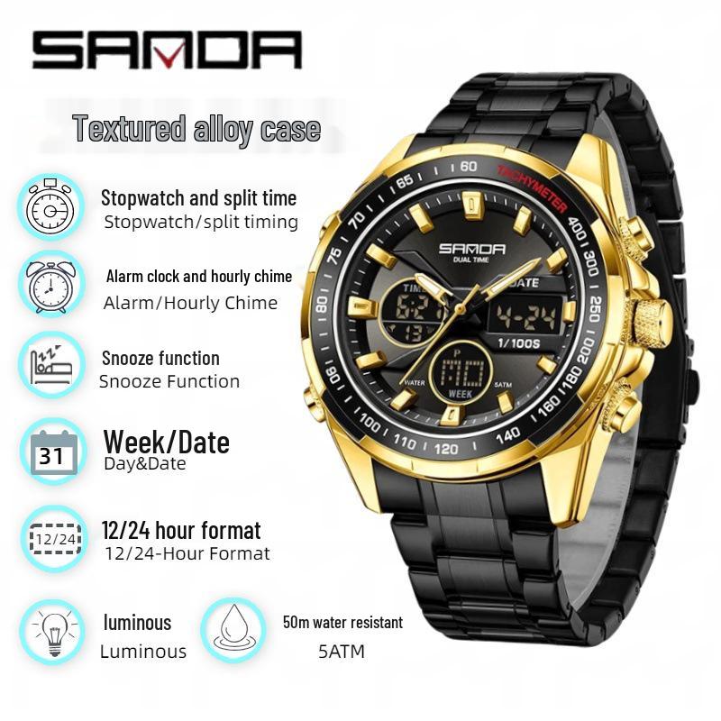 Sanda Men's Waterproof Dual Display Multi-Function Watch with Timer, Snooze, and Night Light.