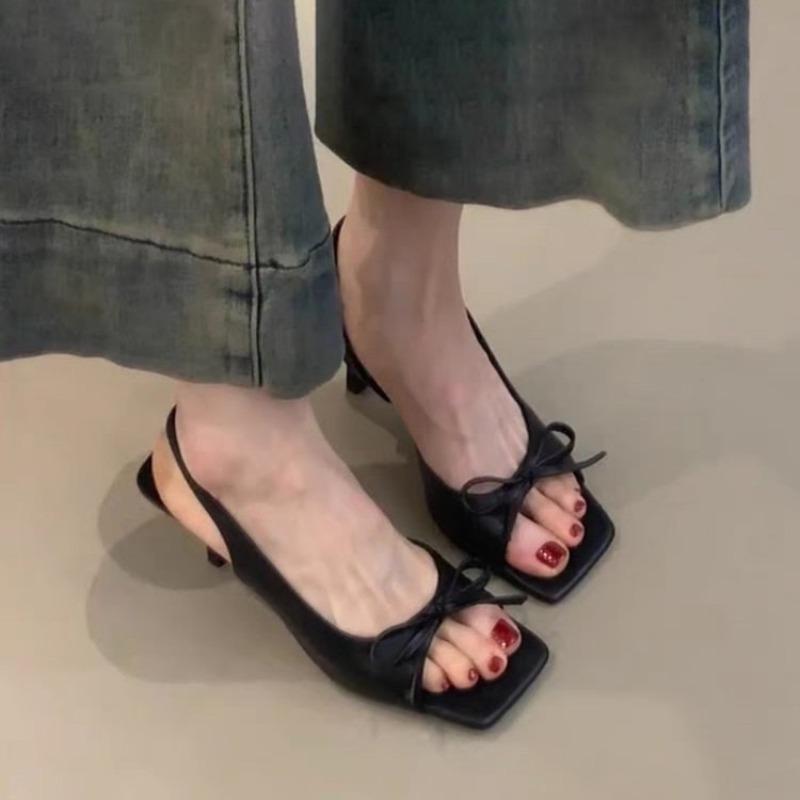 Fashion Stiletto Sandals Square Toe Open Toe Bow Slip-on Anti-Slip Wear-Resistant High Heels