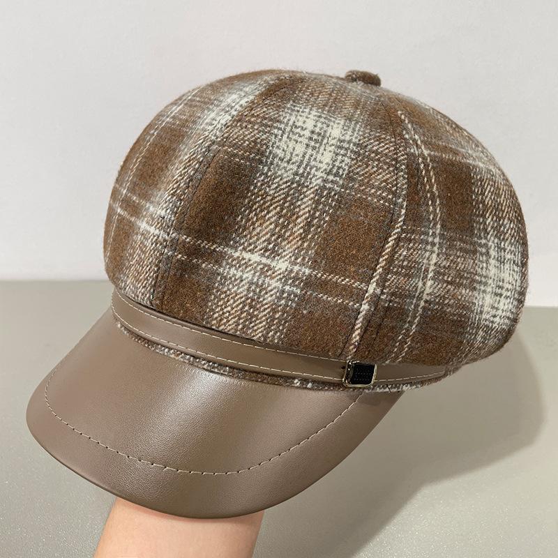 PU Leather-brimmed Retro Plaid Octagonal Hat for Women, Autumn and Winter, Face-slimming Beret, Stylish and Versatile Newsboy Cap