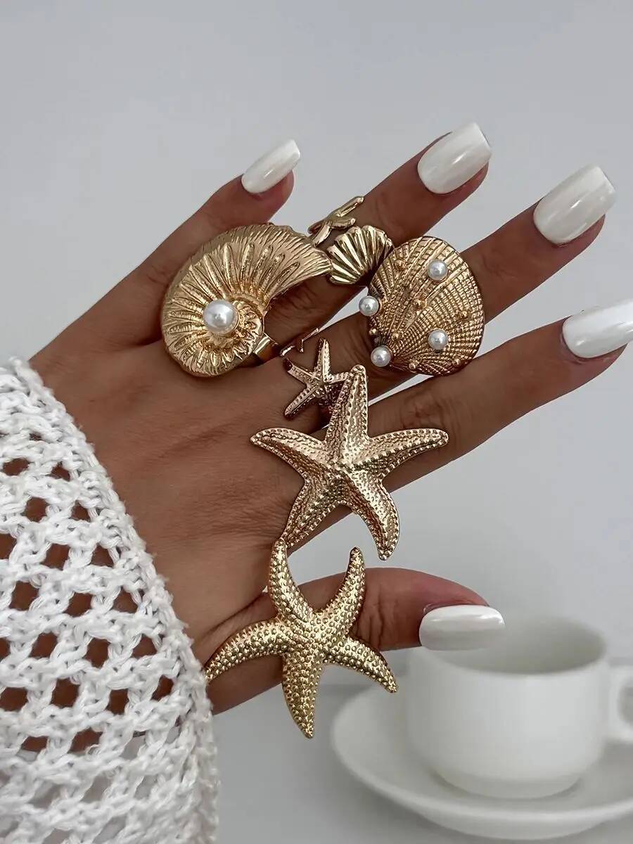 

Ingemark 6Pcs/Set Boho Large Starfish Conch Scallop Open Rings for Women Summer Ocean Vintage Adjustable Rings Couple Jewelry