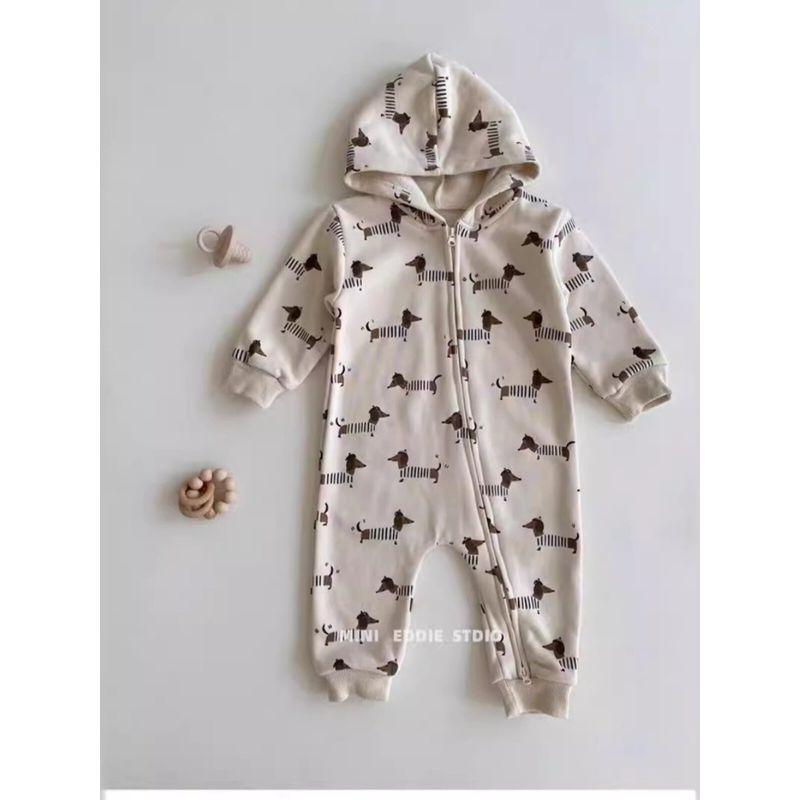 Korean Style Ins Moon and Puppy Pattern Side Zipper Long Hooded Spring and Autumn Jumpsuit for Baby Boys and Girls Cotton
