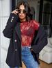 2024 Women's Long Sleeve Stand Collar Floral Lace Top - Transparent See-through Design