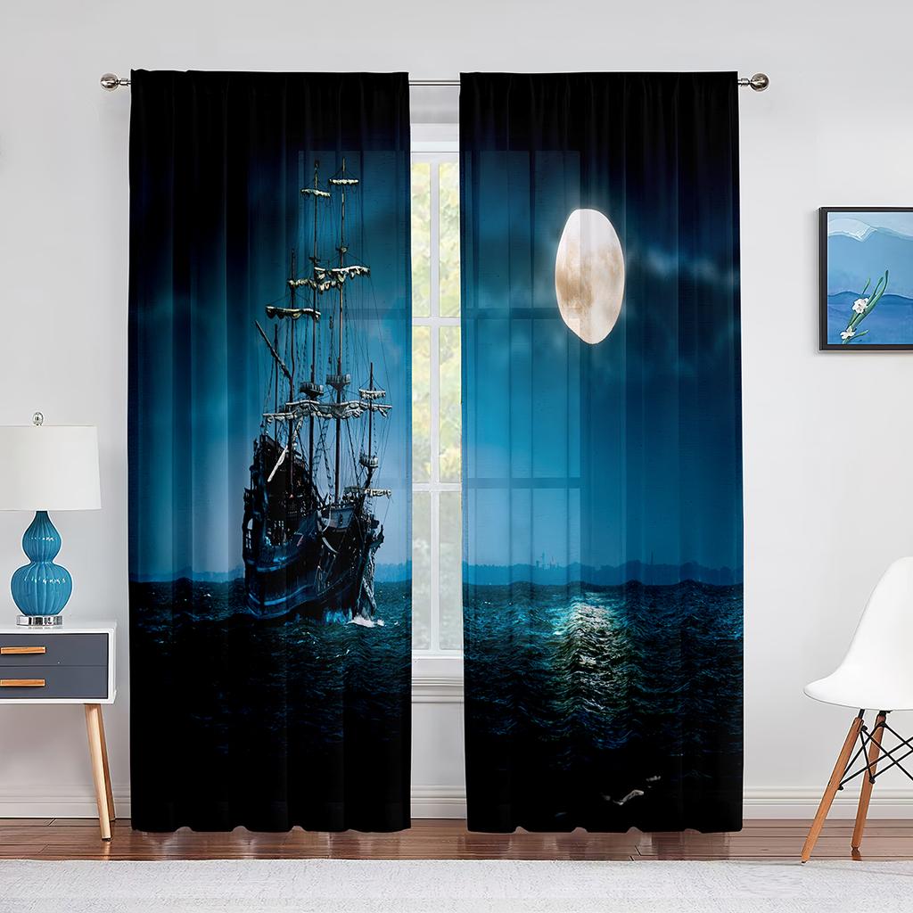 Pirate Ship Nautical Fantasy Ocean Starry Sky Tulle Curtains for Living Room Bedroom Kitchen Window Chiffon Sheer Curtain Blinds