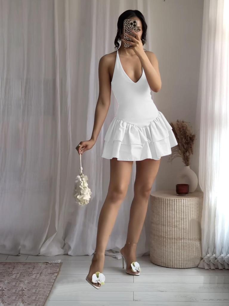 European & American Women's Summer V-neck Spaghetti Strap Dress - Sleeveless, Solid Color, Slim Waist, Backless, Short