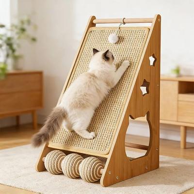 Incline Cat Scratching Board Triangle Cat Scratcher Sisal Cat Scratch Ramp with Fuzzy Ball To Protect Furniture Sofa for Indoor Cats