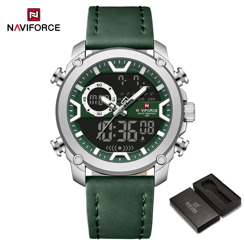 NAVIFORCE Original Men Quartz LCD Digital Watch Leather Strap Waterproof Luminous Pointer Calendar Date Men Boys Casual Watch NF9261