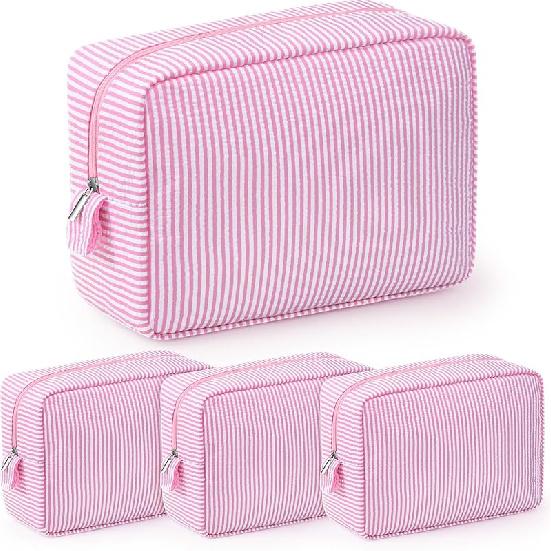 Sanwuta 3 Pcs Seersucker Cosmetic Bag Seersucker Makeup Bag Women Stripe Large Travel Toiletry Organizer Preppy Storage Pouch for Embroidery Wedding